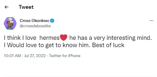 BBNaija's Cross Okonkwo Reveals His Favourite Housemate In The Level Up House