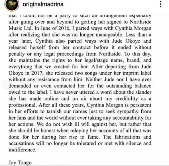 Cynthia Morgan calls out former record label boss, Jude Okoye and former manager Joy Tongo...again