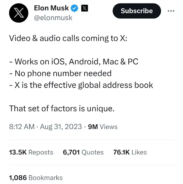 Elon Musk announces audio and video call on X (formerly Twitter) without requiring phone numbers