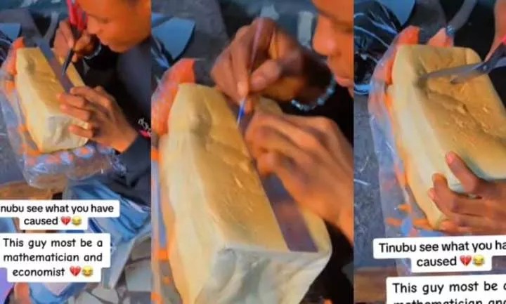 "Tinubu, see what you've caused" - Man uses ruler and biro to measure bread(Video)