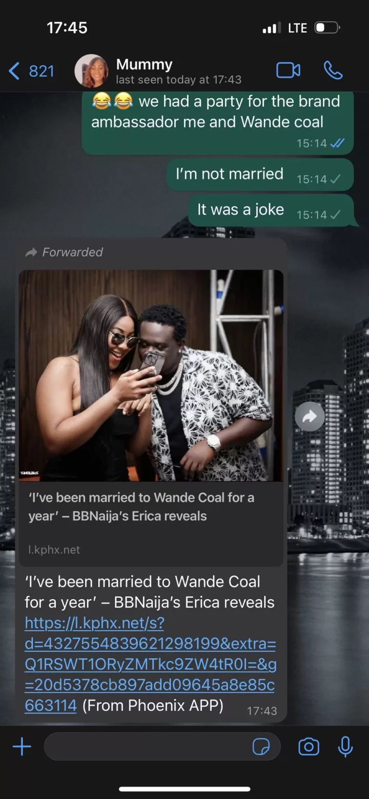 BBNaija star, Erica shares her mother's reaction after she joked about being married to Wande Coal (Screenshots)