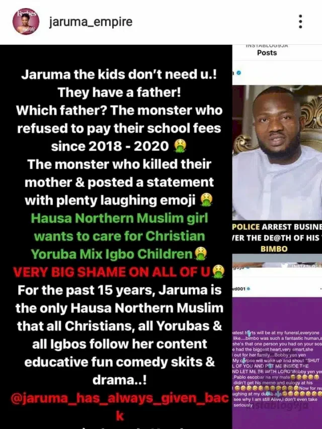 'Shame on all of you' - Jaruma blows hot, drags IVD and others kicking against her decision to adopt late Bimbo's kids