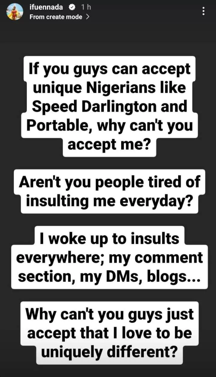 If you can accept Speed Darlington and Portable, why can't you accept me? - Ifuennada tackles Nigerians who always insult her over her unique outfits to award shows