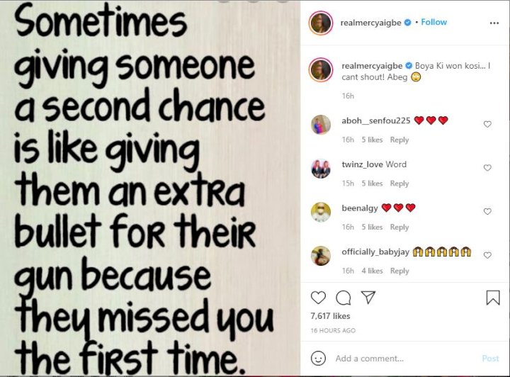 Why you shouldn't give people second chance - Actress, Mercy Aigbe