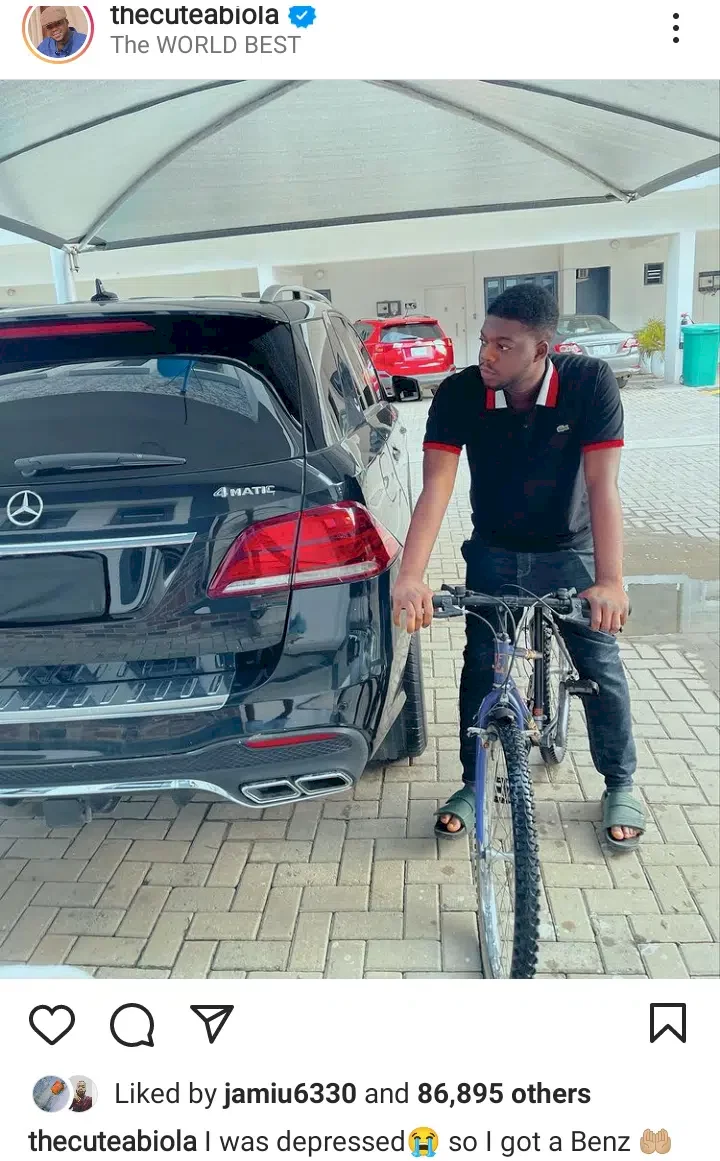 'I was depressed so I got a Benz' - Cute Abiola says as he acquires a new car amid alleged split with wife