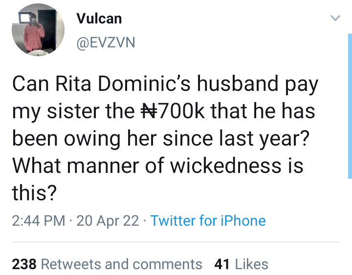 Twitter user calls out Rita Dominic's husband over alleged unpaid N700k debt