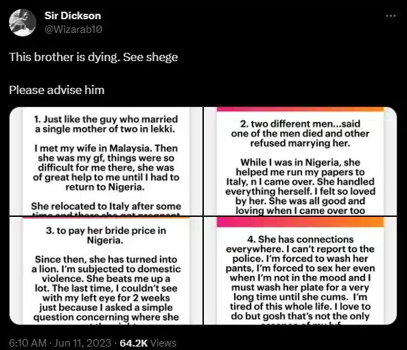 My wife beats me up, forces me to wash plate, pant - Italy based Nigerian cries for help