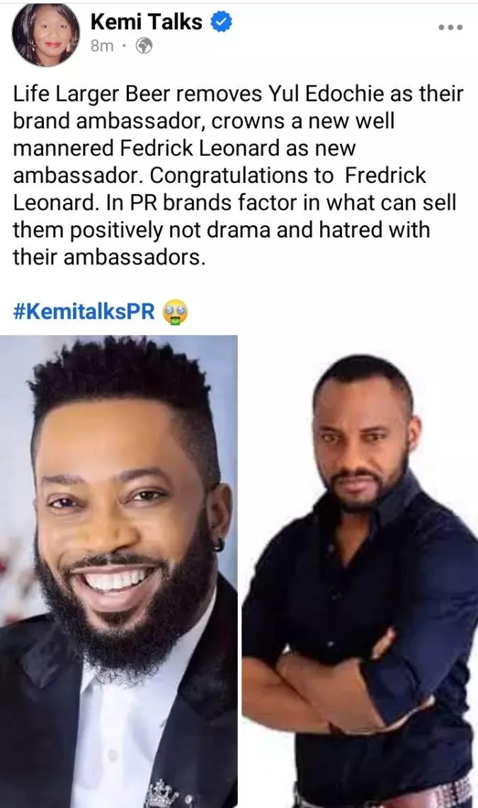 Freddie Leonard has replaced Yul Edochie as ambassador for popular brand - Kemi Olunloyo alleges, reveals why