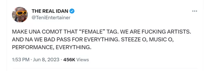 Remove the 'female' tag. We are the best in the industry - Singer Teni tells critics