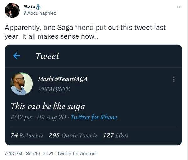 Netizens dig out old tweet made by Saga's friend comparing him to Ozo during BBN 'Lockdown' edition (Screenshot)