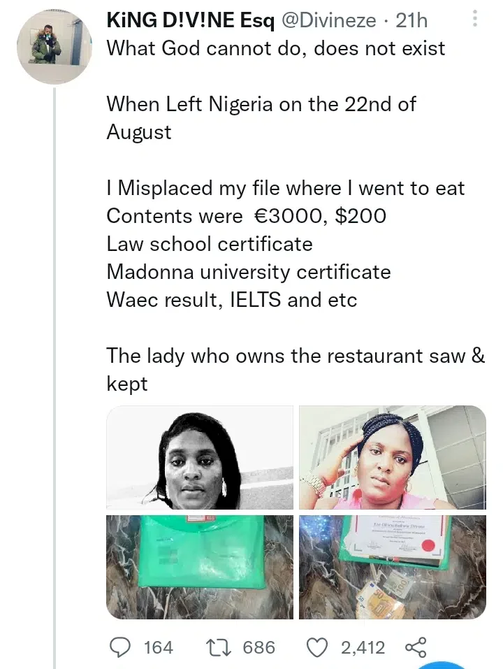 Man celebrates lady for returning over N1M in foreign currencies and other valuables he forgot at her restaurant
