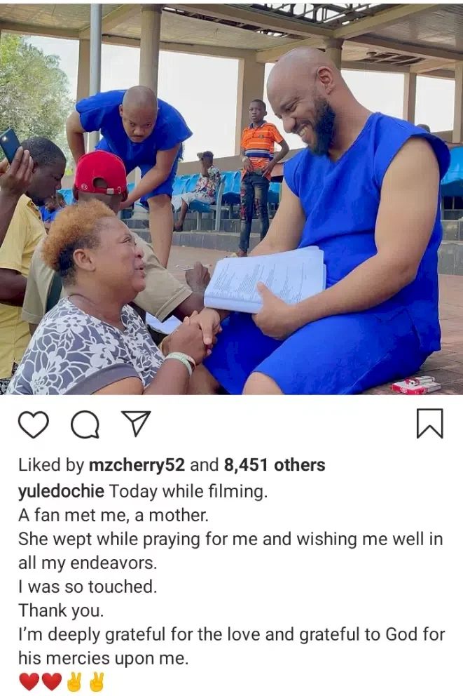 Yul Edochie reacts as woman kneels, breaks down in tears after meeting him for the first time