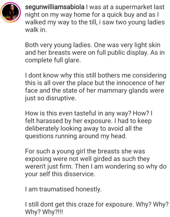 'I am traumatized' - Actress, Abiola Segun Williams writes after spotting a lady with her bosom fully exposed in a supermarket