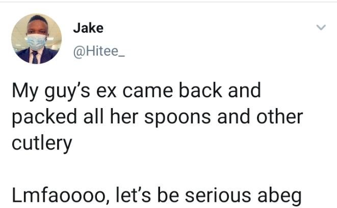 Man narrates how his friend’s girlfriend packed all her spoons from his house after they broke up