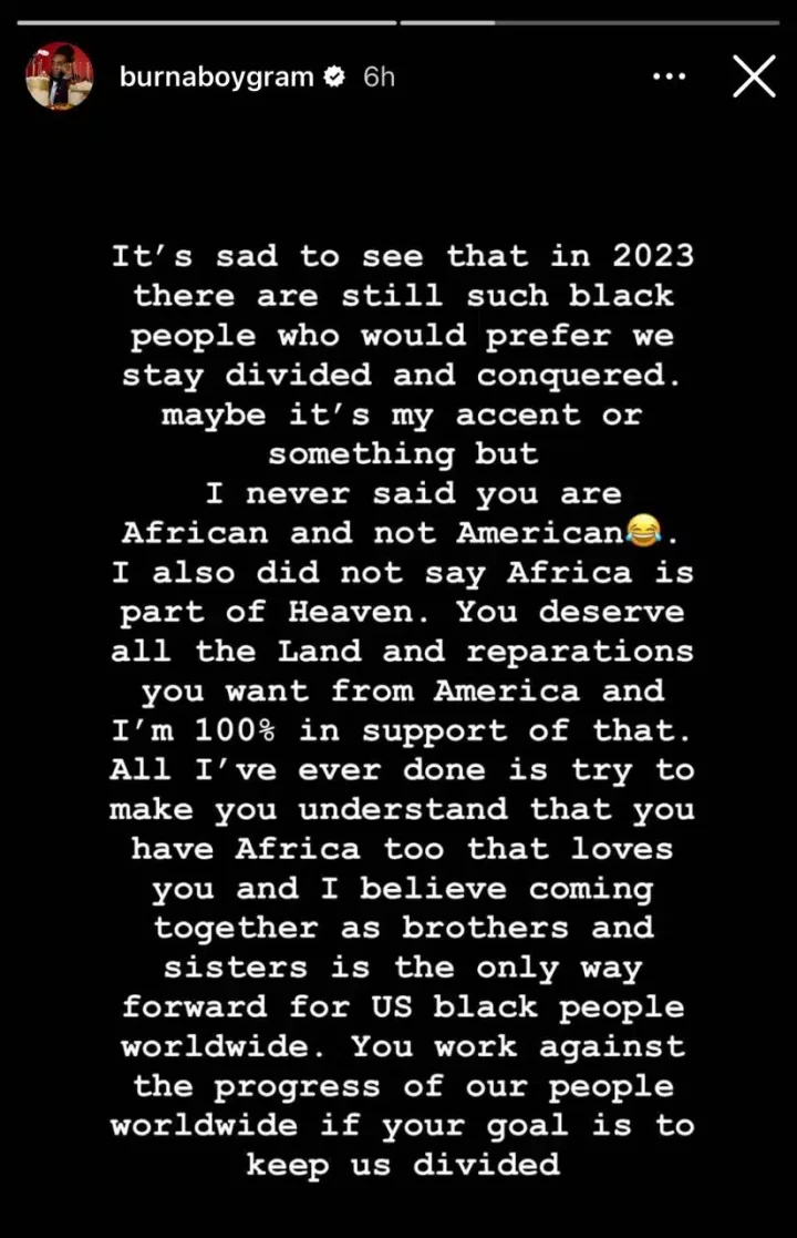 'In 2023 there are still black people who would prefer we stay divided' - Burna Boy rants