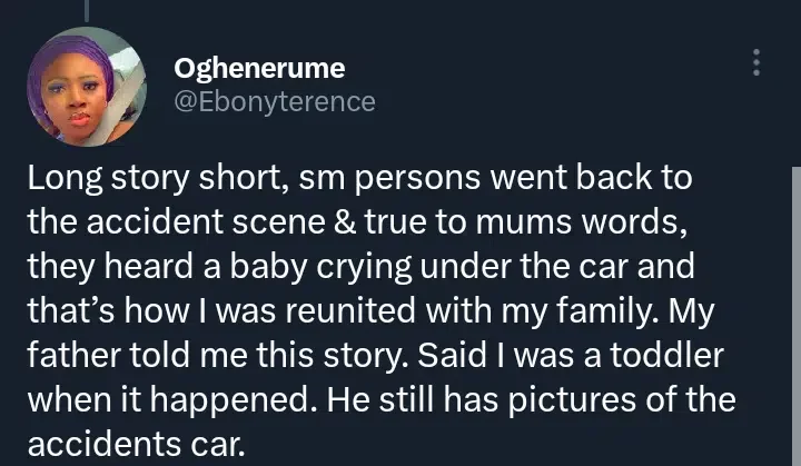 'I was at the scene for 3 days' - Nigerian lady recalls childhood miracle after an accident