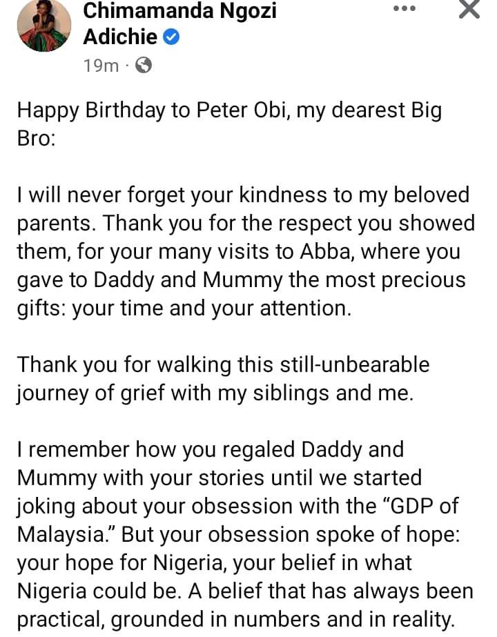 'I cannot wait to call you my president' - Chimamanda Adichie pens moving note to Peter Obi on his 61st birthday