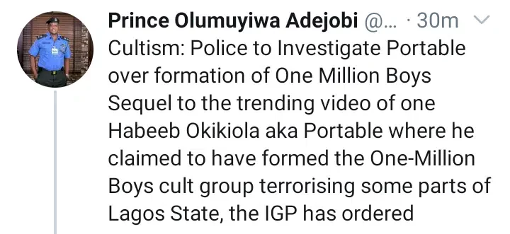 IGP orders investigation into Portable's claim of forming 'one million boys' cult group