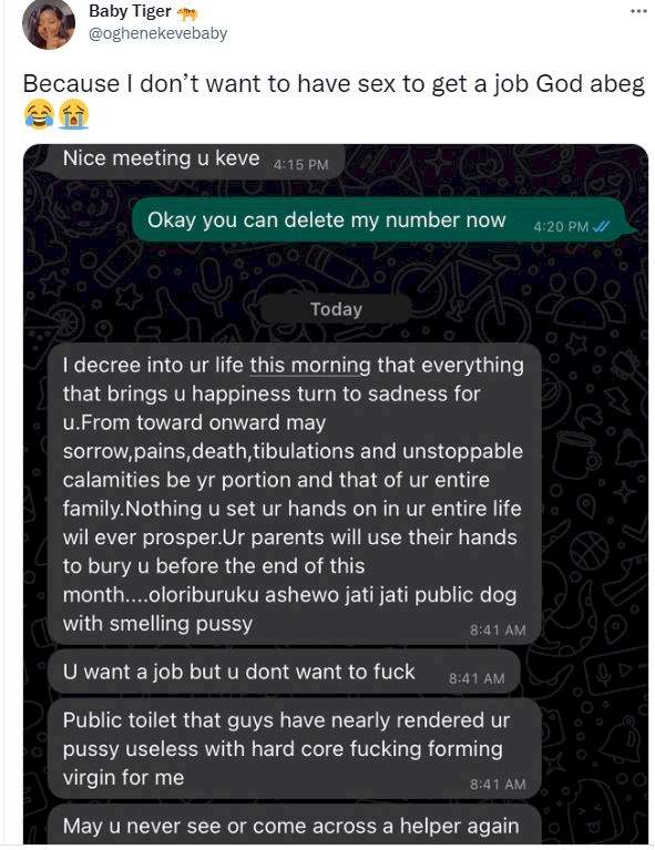 Nigerian lady shares chat with man who asked to sleep with her before giving her a job