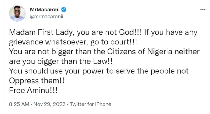 You should use your power to serve the people not oppress them - Mr Macaroni calls out Aisha Buhari over alleged arrest of undergraduate who criticized her