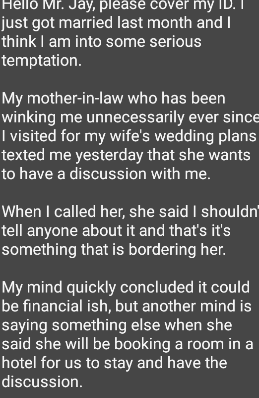 Man seeks advice after his alluring mother-in-law paid for a hotel room for them to have a discussion