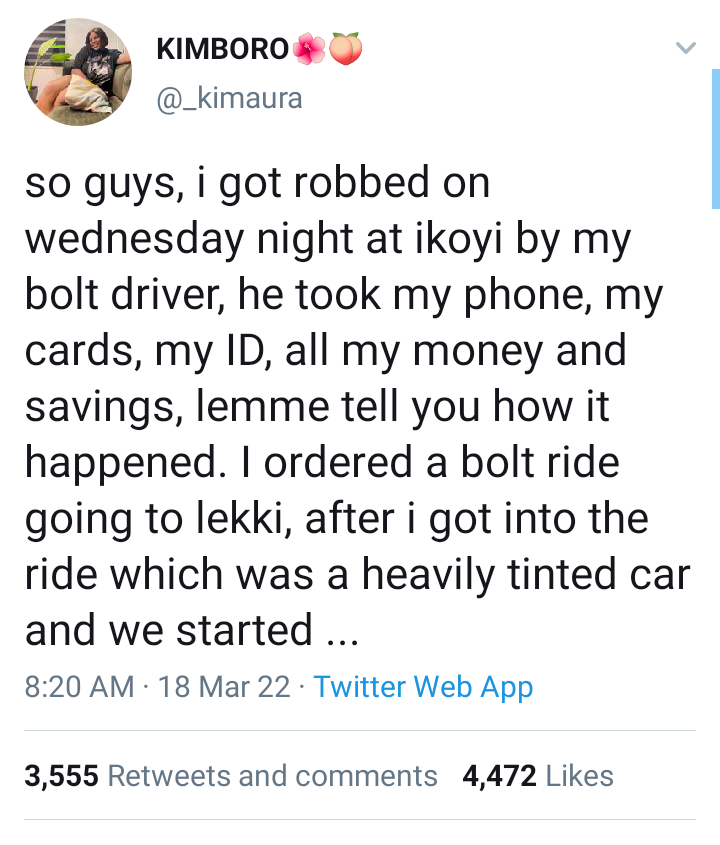 Lady narrates how she was robbed by a bolt driver in Lagos State