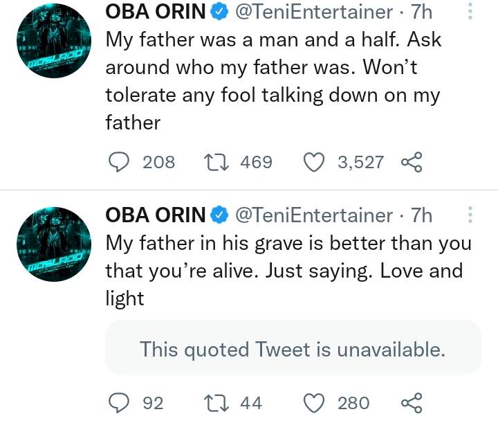 Teni knocks 'fan' who involved her late father in a conversation