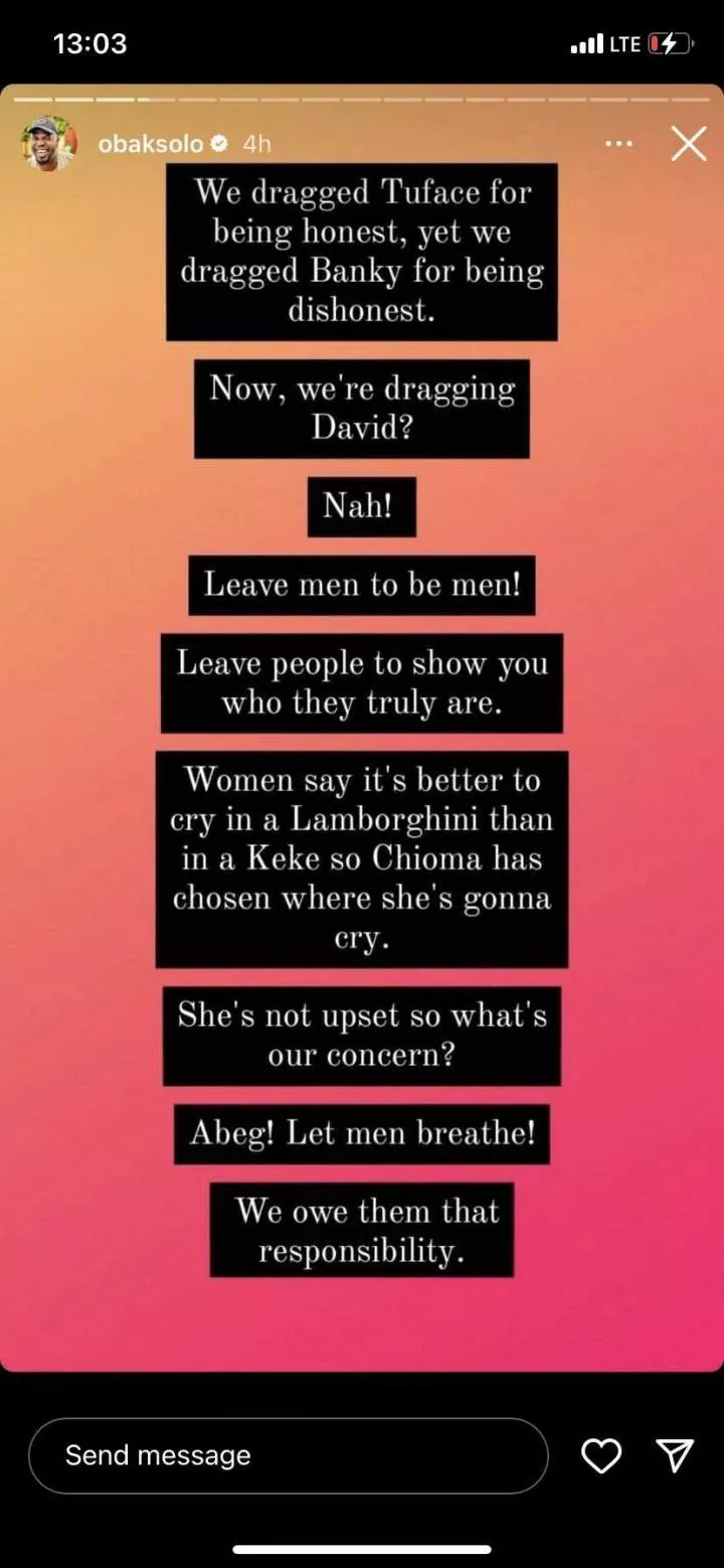 Leave men to be men. Chioma should go and work and make money if she doesn't want to be disrespected - Music producer, K-Solo defends Davido