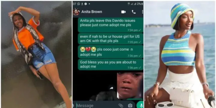 "Come and adopt me pls" - Nigerian lady begs Anita, Davido's alleged pregnant side chick