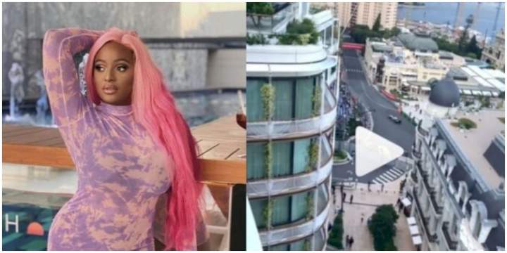 "We go like visit una family house" - Fans react as DJ Cuppy watches Monaco Grand Prix from Otedola's family home balcony (Video)