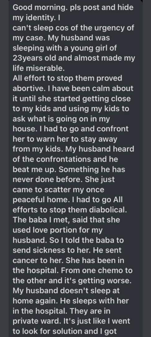 Lady who used 'juju' to strike her husband's side chick with sickness seeks advice after things got worse