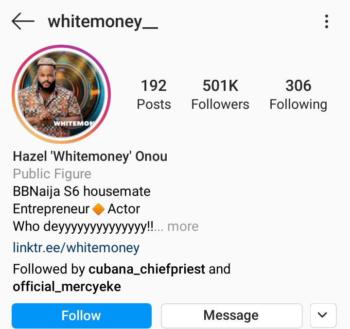 BBNaija: WhiteMoney becomes first Male housemate to hit 500K followers on Instagram
