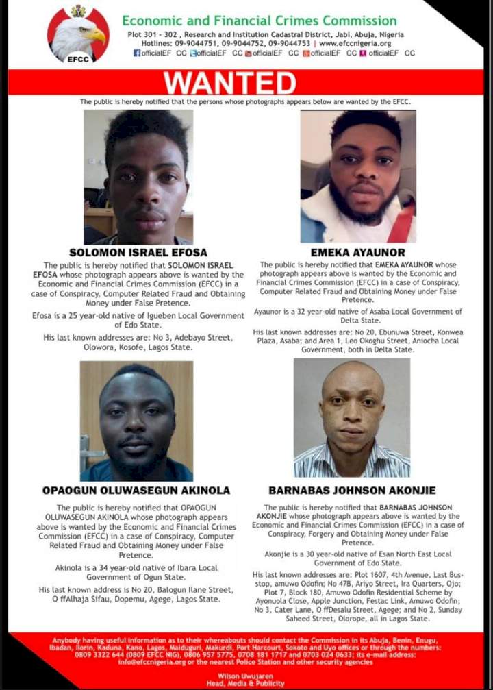EFCC declares four men wanted for alleged computer-related fraud (photos)