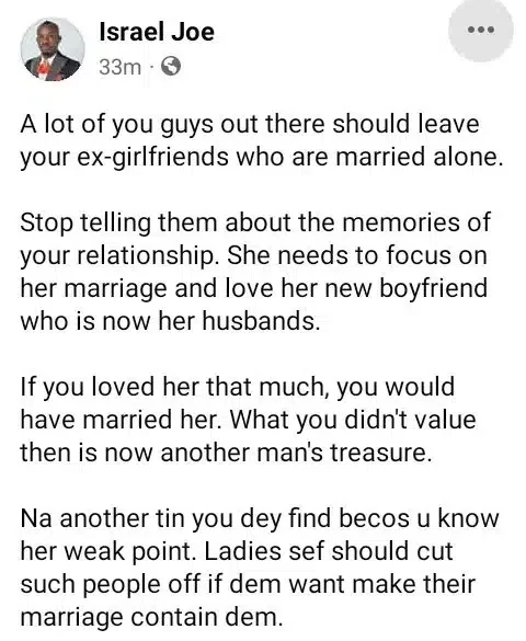 'Leave your married ex girlfriends alone' - Activist advises men