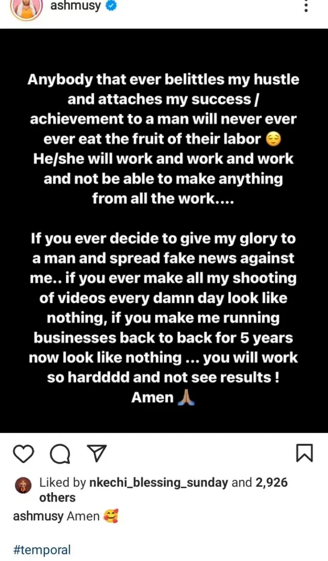 'They will never eat the fruit of their labour' - Ashmusy rains curses on those belittling, attaching her achievements to men