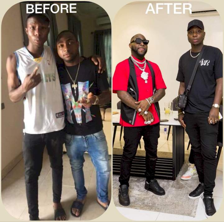 'Tell me why God won't bless him' - Davido's aide shares photos of his transformation years after meeting Davido