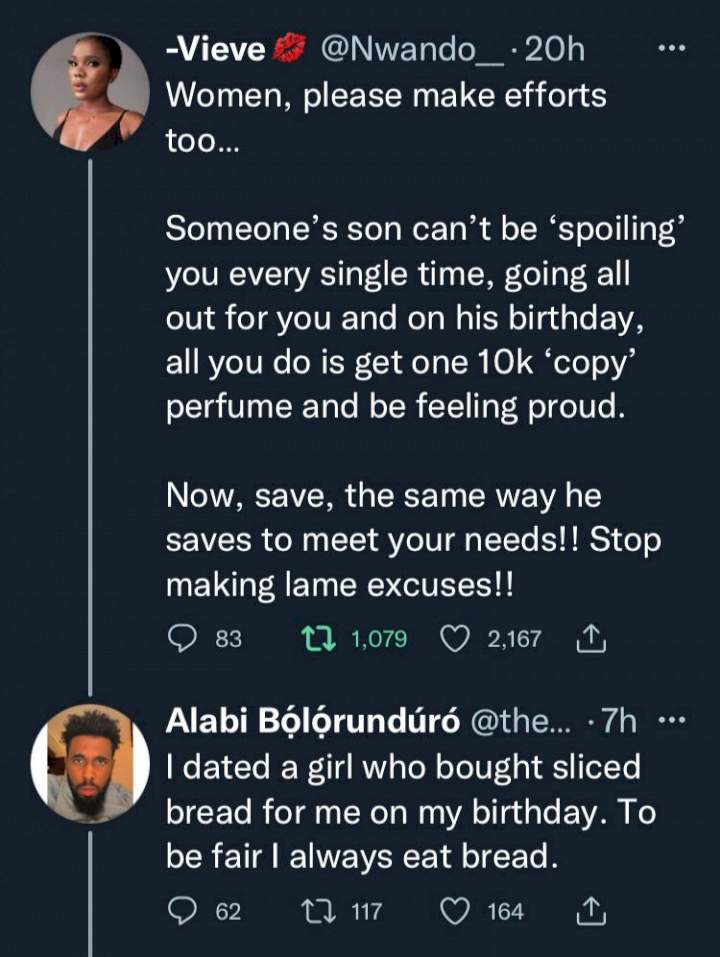 'I dated a girl who bought sliced bread for me on my birthday' - Reactions as lady preaches generosity towards boyfriends