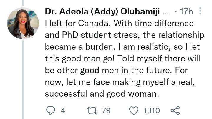 Lady reveals what she did when she had to choose between her PhD and love life