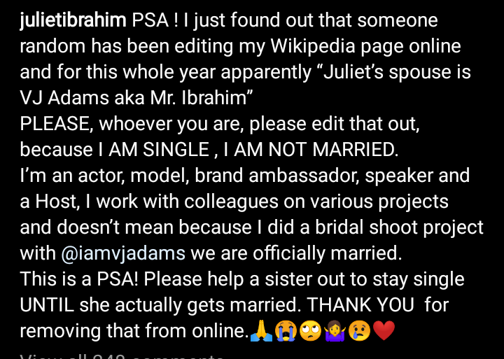 I'm not married to VJ Adams as claimed; someone edited my Wikipedia page - Juliet Ibrahim cries out