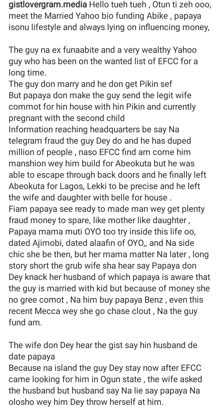 Influencer, Papaya ex gets exposed; how she was caught by wife of alleged yahoo boy bankrolling her, revealed