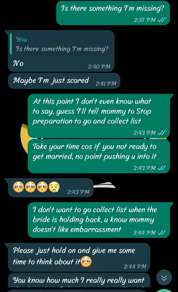 Man heartbroken as fiancée suggests calling off marriage plans weeks after their introduction because she's scared of marriage