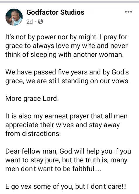 'I pray for grace to always love my wife and never think of sleeping with another woman' - Nigerian man writes