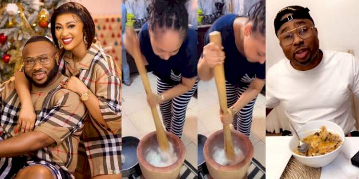 "Nothing I no go learn to please this man" - Actress, Rosy Muerer says as she pounds yam for husband, Churchill (video)