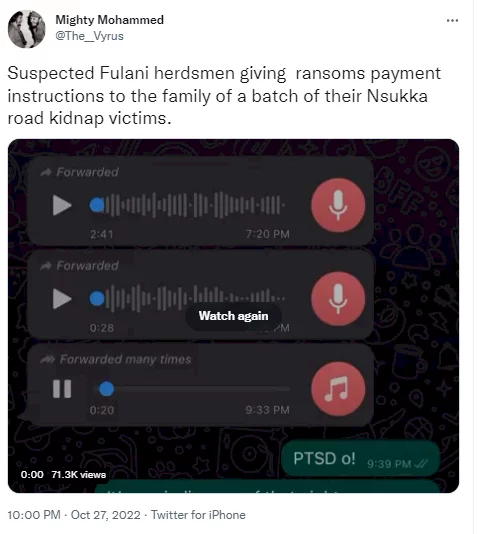 Voice note purported to be a conversation between a member of a kidnap gang and a family member of a kidnap victim released