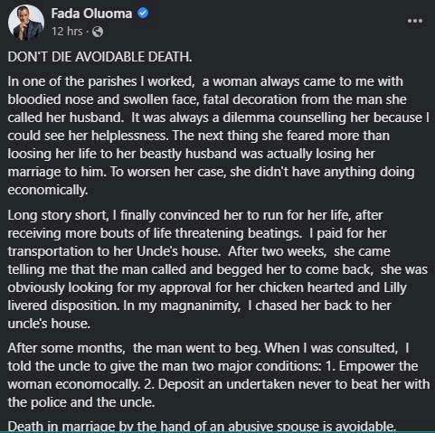 How I convinced a woman to leave her abusive husband - Fada Oluoma shares as he weighs in on late Osinachi's saga