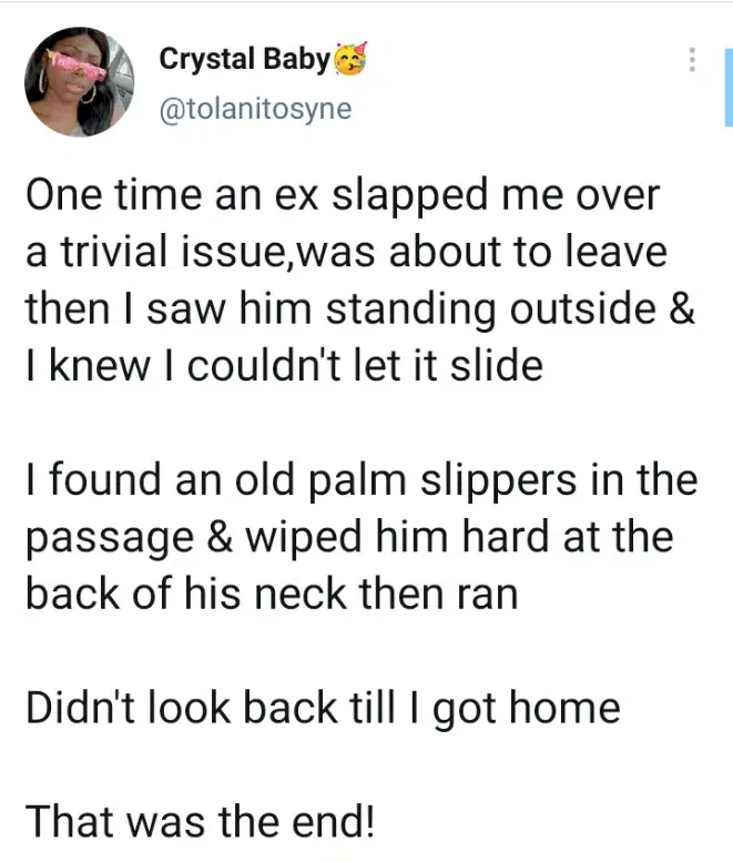 Lady narrates how she dealt with her ex-boyfriend for slapping her