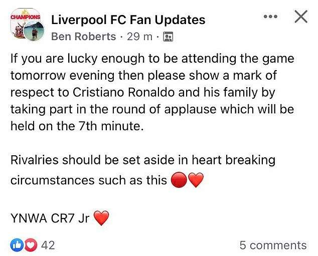 Liverpool fans plan to hold a minute's applause in the 7th minute at Anfield to pay tribute to Man United star Cristiano Ronaldo after the death of his newborn twin