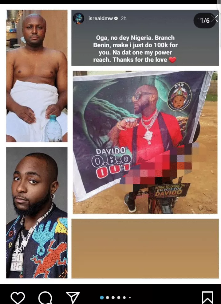 'Branch Benin make I do 100k for you' - Israel DMW tells fan cycling from Benue to Lagos to see Davido