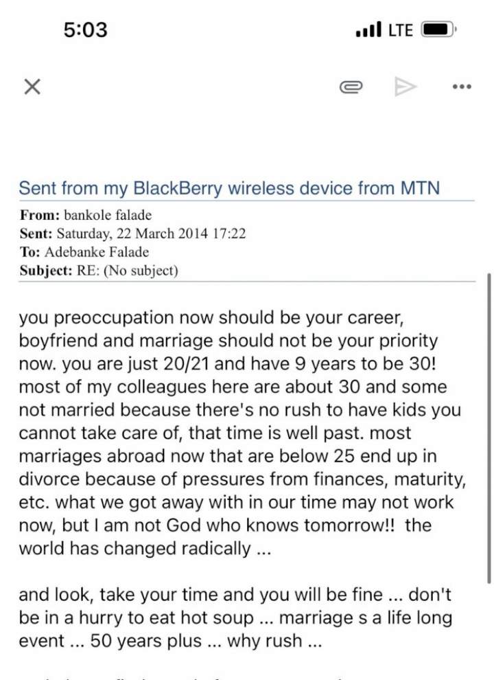 'Don't be in a hurry to eat hot soup' - Lady shares email her dad sent to her in 2014 advising her to focus on self development and not marriage