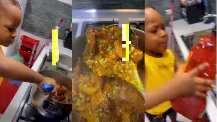"Catch them young" - Little boy stuns netizens with amazing cooking skills as he's filmed preparing Jollof rice, okra soup for his family (Video)